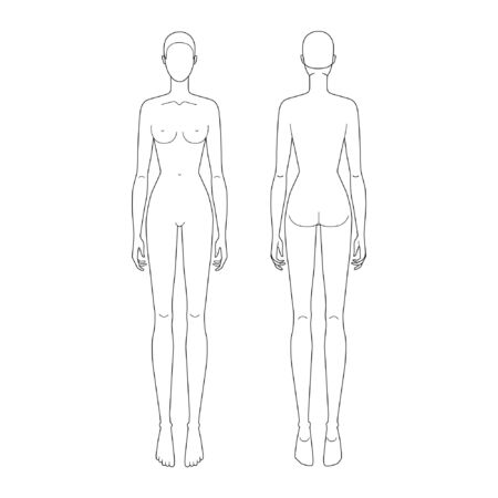 Fashion template 9 head for technical drawing. Womans figure front and back view. Vector outline girl model template for fashion sketching for fashion illustration.のイラスト素材