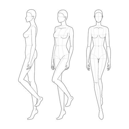 Fashion template of walking lady. 9 head for technical drawing with main lines. Womans figure front, 3-4 and side view. Vector outline girl template for fashion sketching and illustration.のイラスト素材