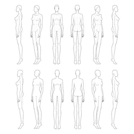 Fashion template of lady in standing poses. 9 head size for technical drawing. Womans figure front, side and back view. Vector outline girl template for fashion sketching and illustration.のイラスト素材