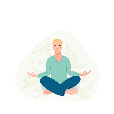 Young handsome men performing yoga exercise. Male cartoon character sitting in lotus posture and meditating vipassana meditation. Men with crossed legs isolated. Colorful flat vector illustrationのイラスト素材