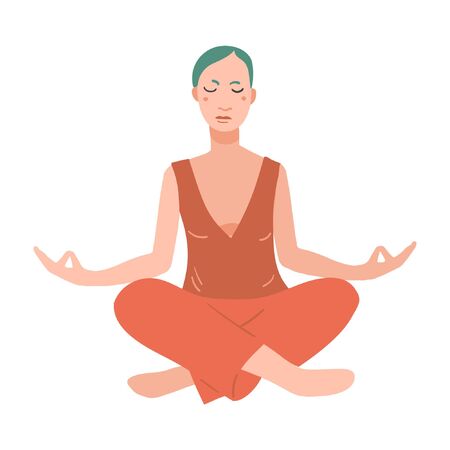 Young pretty woman performing yoga exercise. Female cartoon character sitting in lotus posture and meditating vipassana meditation. Girl with crossed legs isolated. Colorful flat vector illustrationのイラスト素材