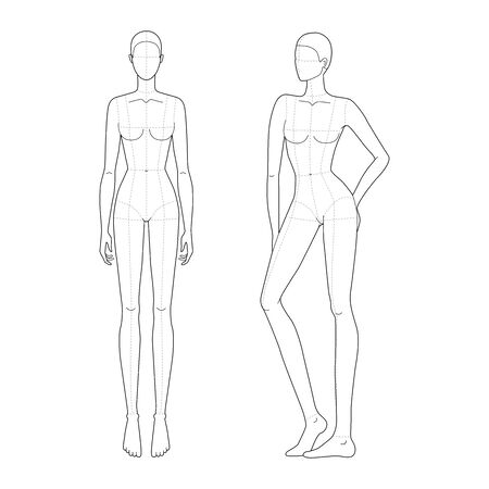 Fashion template of women in standing poses with main lines. 9 head size for technical drawing with main lines. Lady figure front view. Vector outline girl for fashion sketching and illustration.のイラスト素材