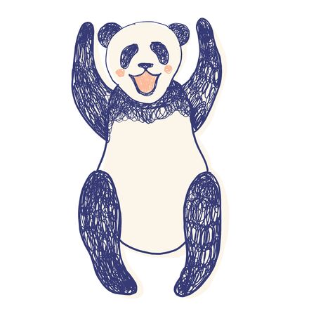 Cute panda stay hands up for children and adults clothes prints screen in 3 colours - navy, beige and pink in doodles hand drawn style. Fashion illustration drawing in modern style.のイラスト素材