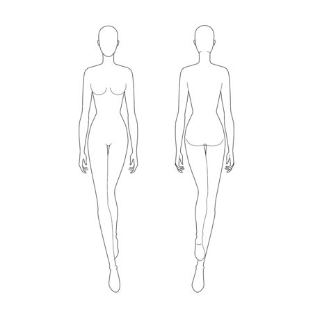 Fashion template of walking lady. 9 head size for technical drawing. Womans figure front and back view. Vector outline girl template for fashion sketching and illustration.のイラスト素材