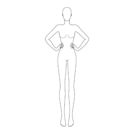 Fashion template 9 head for technical drawing with hands on waist. Womans figure front view. Vector outline girl model template for fashion sketching for fashion illustration.のイラスト素材