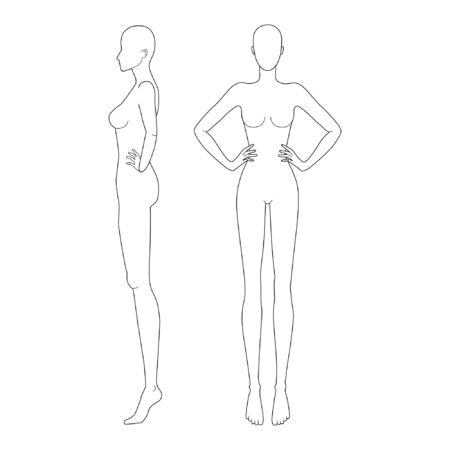 Fashion template 9 head for technical drawing with hands on waist. Womans figure front and side view. Vector outline girl model template for fashion sketching for fashion illustration.のイラスト素材