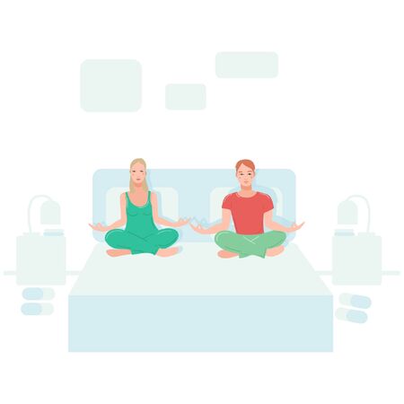 Young couple sitting in their bedroom and performing yoga exercise. Female and male cartoon character sitting in lotus posture and meditating vipassana meditation with crossed legs isolated flat.のイラスト素材