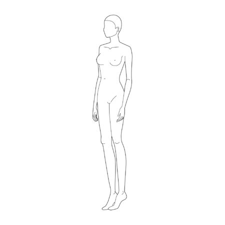 Fashion template 9 head for technical drawing. Womans figure side view. Vector outline girl model template for fashion sketching for fashion illustration.のイラスト素材