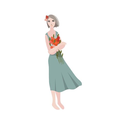 Young pretty woman hugs and holding flowers bouquet. Female cartoon character stands in fashion dress with flowers in the head isolated. Colourful flat vector illustrationのイラスト素材