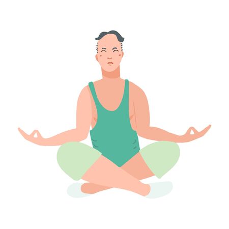 Young handsome men performing yoga exercise. Male cartoon character sitting in lotus posture and meditating vipassana meditation. Girl with crossed legs isolated. Colorful flat vector illustrationのイラスト素材