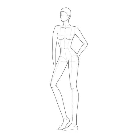 Fashion template of women in standing pose. 9 head size for technical drawing with main lines. Lady figure front view. Vector outline girl for fashion sketching and illustration.のイラスト素材