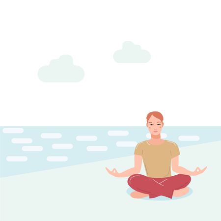 Young handsome men sitting near sea on beach performing yoga exercise. Male cartoon character sitting in lotus posture and meditating vipassana meditation. Boy with crossed legs isolated.のイラスト素材