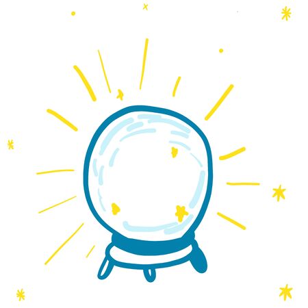 Crystal ball in yellow and blue colours in doodles hand drawn style. Print for t-shirt for kids fashion artwork children and adults books. Fashion illustration drawing in modern style.のイラスト素材