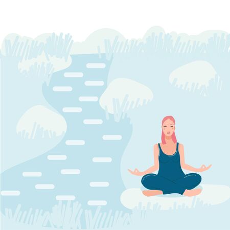 Young pretty woman sitting near river in the forest and performing yoga exercise. Female cartoon character sitting in lotus posture and meditating vipassana meditation. Girl with crossed legs flat.のイラスト素材