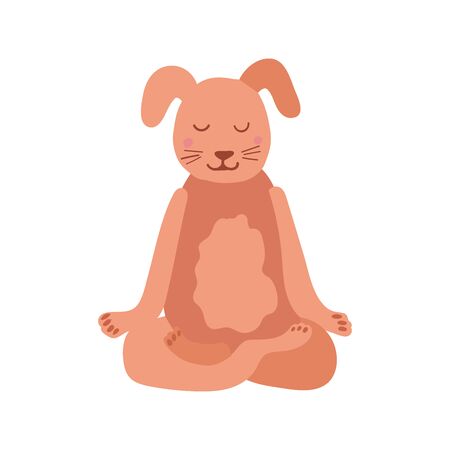 Cartoon Dog performing yoga exercise. Drawing character sitting in lotus posture and meditating vipassana meditation Isolated. For children and print screening. Colorful flat vector illustrationのイラスト素材