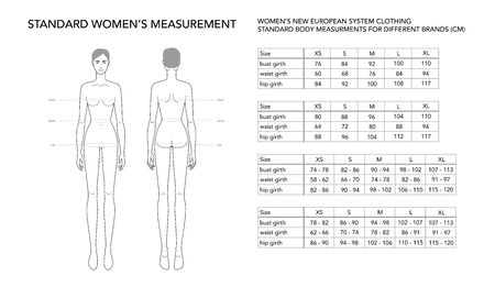 Womens measurements fashion terminology Illustration for lady size chart. 9 head size girl for site and online shop. Human body infographic template with all name of all parts for clothes.のイラスト素材