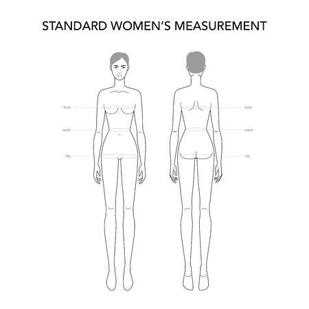 Standart womens measurements fashion terminology Illustration for lady size chart. 9 head size girl for site and online shop. Human body infographic template with all name of all parts for clothes.のイラスト素材