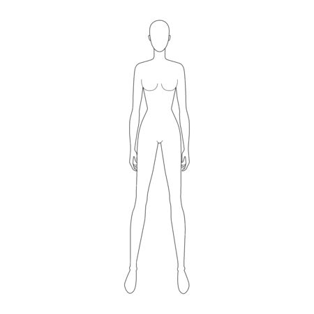 Fashion template of standing wide legs women. 9 head size for technical drawing. Lady figure front view. Vector outline girl for fashion sketching and illustration.のイラスト素材