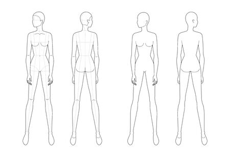 Fashion template of standing women looking left. 9 head size for technical drawing with and no main lines. Lady figure front and back view. Vector outline girl for fashion sketching and illustration.のイラスト素材