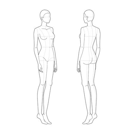 Fashion template of walking women. 9 head size for technical drawing with main lines. Lady figure 3-4 front and back view. Vector outline girl for fashion sketching and illustration.のイラスト素材