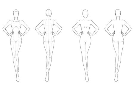 Fashion template 9 head for technical drawing with and no main lines. Woman figure with hands on waist front and back view. Vector outline girl model template for sketching and fashion illustration.のイラスト素材