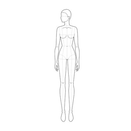 Fashion template of standing women looking left. 9 head size for technical drawing with main lines. Lady figure front view. Vector outline girl for fashion sketching and illustration.のイラスト素材