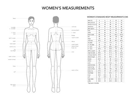 Womens measurements fashion terminology Illustration for lady size chart. 9 head size girl for site and online shop. Human body infographic template with all name of all parts for clothes.のイラスト素材