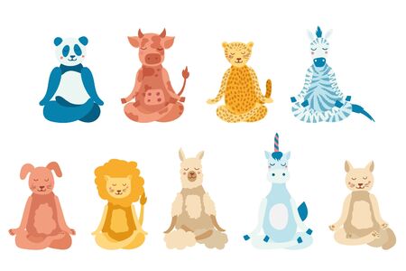 Cartoon animals performing yoga exercise. Drawing panda, cow, jaguar, zebra, dog, cat, lion, lama and unicorn character sitting in lotus posture and meditating vipassana meditation Isolated. Flat.のイラスト素材
