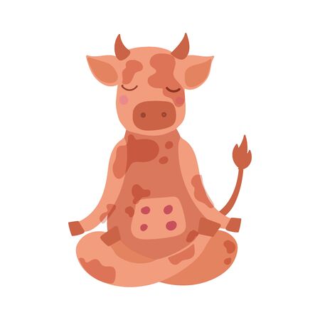 Cartoon cow performing yoga exercise. Drawing animal character sitting in lotus posture and meditating vipassana meditation Isolated. For children and print screening. Colorful flat vectorのイラスト素材