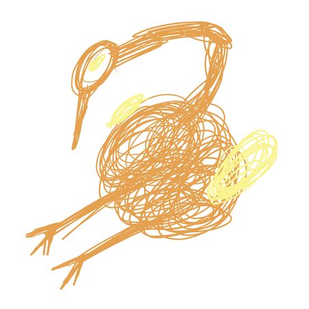 Crazy funny bird sitting sad in yellow and orange colours in doodles hand drawn style. Print for t-shirt for kids fashion artwork children and adults books. Fashion illustration drawing in modern style.のイラスト素材