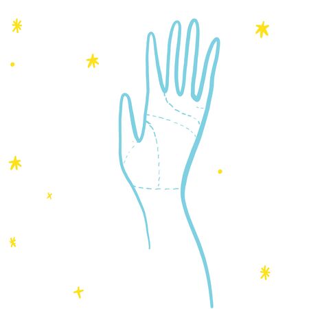 Hand for palmistry with stars in yellow and blue colours in doodles hand drawn style. Print for t-shirt for kids fashion artwork children and adults books. Fashion illustration drawing in modern style.のイラスト素材