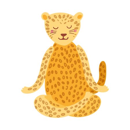 Cartoon Jaguar performing yoga exercise. Drawing animal character sitting in lotus posture and meditating vipassana meditation Isolated. For children and print screening. Colorful flat vectorのイラスト素材