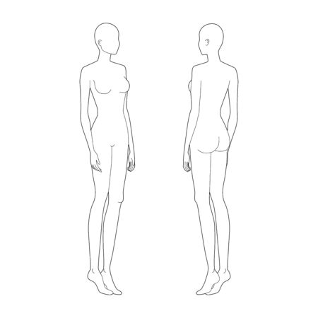Fashion template of walking women. 9 head size for technical drawing. Lady figure 3-4 front and back view. Vector outline girl for fashion sketching and illustration.のイラスト素材