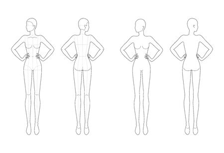 Fashion template 9 head for technical drawing with and without main lines. Woman figure front and back view. Vector outline girl model template for sketching and fashion illustration.のイラスト素材
