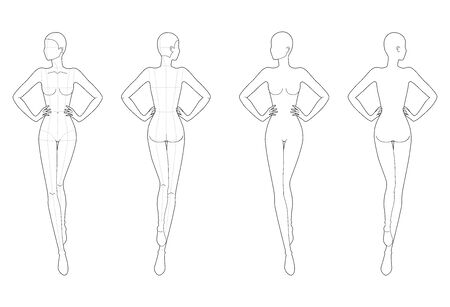 Fashion template 9 head for technical drawing with and no main lines. Woman figure with hands on waist front and back view. Vector outline girl model template for sketching and fashion illustration.のイラスト素材