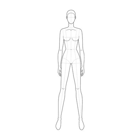 Fashion template of standing wide legs women with main lines. 9 head size for technical drawing. Lady figure front view. Vector outline girl for fashion sketching and illustration.のイラスト素材