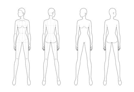 Fashion template of standing women looking left. 9 head size for technical drawing with and no main lines. Lady figure front and back view. Vector outline girl for fashion sketching and illustration.のイラスト素材