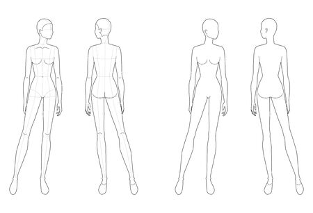 Fashion template of standing women looking right. 9 head size for technical drawing with and no main lines. Lady figure front and back view. Vector outline girl for fashion sketching and illustration.のイラスト素材