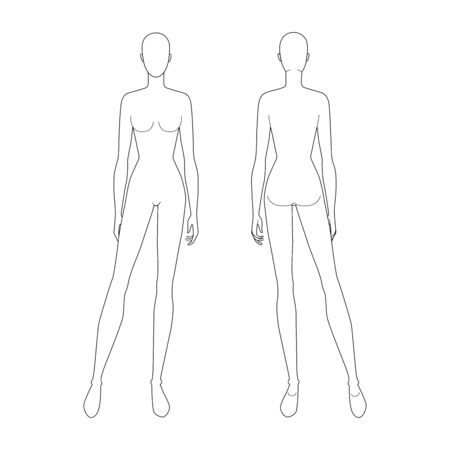 Fashion template of standing women. 9 head size for technical drawing. Lady figure front and back view. Vector outline girl for fashion sketching and illustration.のイラスト素材