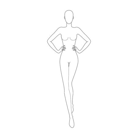 Fashion template 9 head for technical drawing. Woman figure with hands on waist front view. Vector outline girl model template for sketching and fashion illustration.のイラスト素材