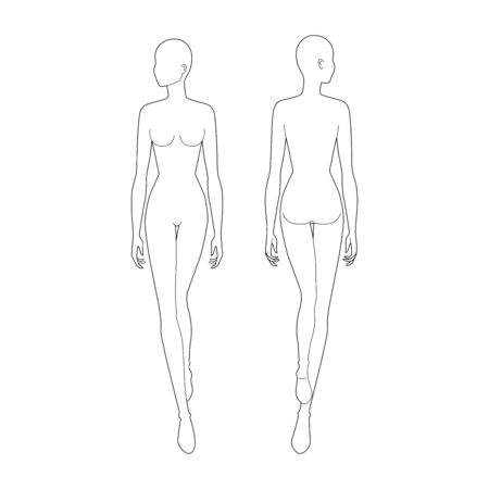 Fashion template of walking women. 9 head size for technical drawing. Lady figure front and back view. Vector outline girl for fashion sketching and illustration.のイラスト素材