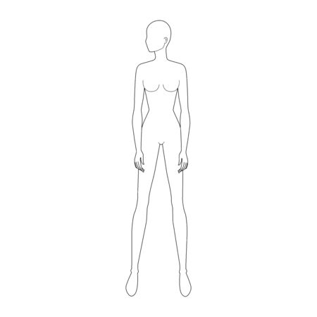 Fashion template of standing wide legs women looking left. 9 head size for technical drawing. Lady figure front view. Vector outline girl for fashion sketching and illustration.のイラスト素材
