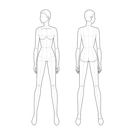 Fashion template of standing women looking left. 9 head size for technical drawing with main lines. Lady figure front and back view. Vector outline girl for fashion sketching and illustration.のイラスト素材