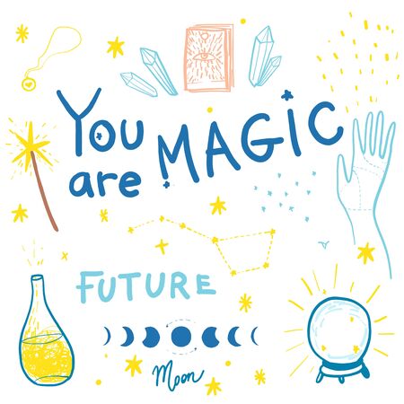 Set of magic illustrations and lettering such us Crystal, Paganism, Wizard, Palmistry, Magic wand, Spellbook, Crystal ball. Print for t-shirt for kids fashion artwork children and adults books. Fashion illustration drawing in modern style.のイラスト素材