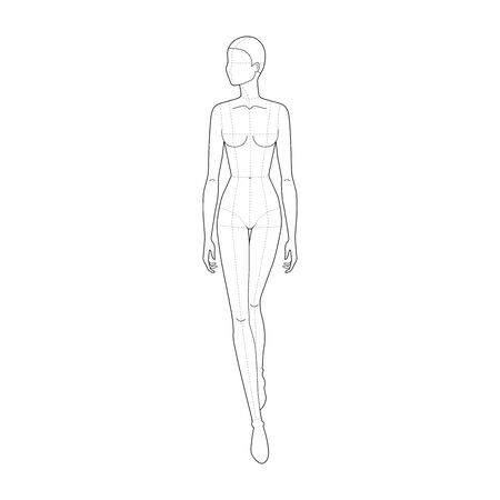 Fashion template of walking women looking left. 9 head size for technical drawing with main lines. Lady figure front view. Vector outline girl for fashion sketching and illustration.のイラスト素材