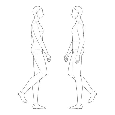 Fashion template of walking men. 9 head size for technical drawing with main lines. Gentlemen figure right and left side view. Vector outline boy for fashion sketching and illustration.のイラスト素材