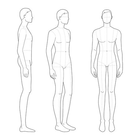 Fashion template of standing men in 3 poses. 9 head size for technical drawing with main lines. Gentlemen figure front, 3-4 and side view. Vector outline boy for fashion sketching and illustration.のイラスト素材