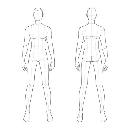 Fashion template of standing men with wide legs. 9 head size for technical drawing with main lines. Gentlemen figure front and back view. Vector outline boy for fashion sketching and illustration.のイラスト素材
