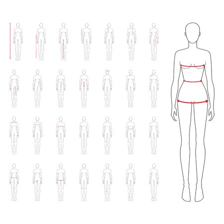 Women to do body measurement fashion Illustration for size chart 29 piece set. 7.5 head size girl for site or online shop. Human body infographic template for clothes.のイラスト素材