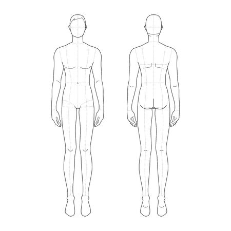 Fashion template of standing men. 9 head size for technical drawing with main lines. Gentlemen figure front and back view. Vector outline boy for fashion sketching and illustration.のイラスト素材